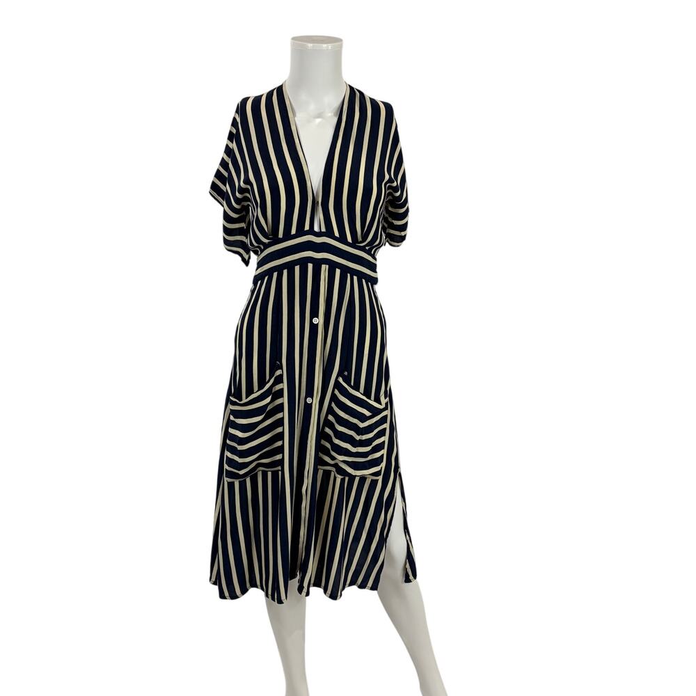 Faithfull The Brand Striped Deep V-Neck Patch Pocket Midi Dress